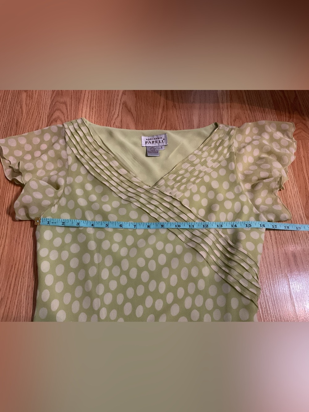 Sz 8 Adrianna Papell Feminine & Flowy Pale Green Polka Dot V-Neck High-Low Dress - Picture 4 of 8